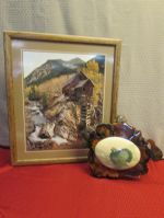 VINTAGE LACQUERED BURL WOOD WITH  GROUSE WALL HANGING & RUSTIC CABIN FRAMED PHOTOGRAPH