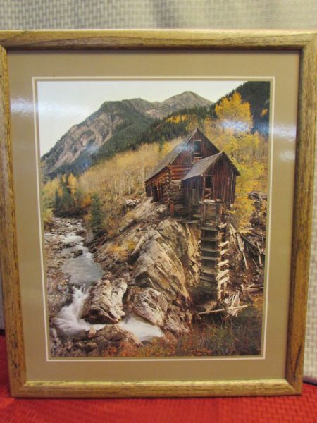 VINTAGE LACQUERED BURL WOOD WITH  GROUSE WALL HANGING & RUSTIC CABIN FRAMED PHOTOGRAPH