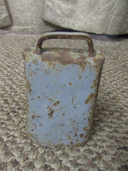 COOL VINTAGE COLLECTION LARGE TIN STORAGE CANISTER, SICKLE & A COWBELL