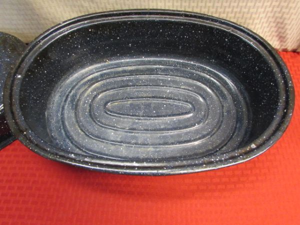 LARGE COVERED ENAMELWARE PAN, TUPPERWARE, CANNING FUNNELS, TONGS & MORE - SOME NEVER USED!!