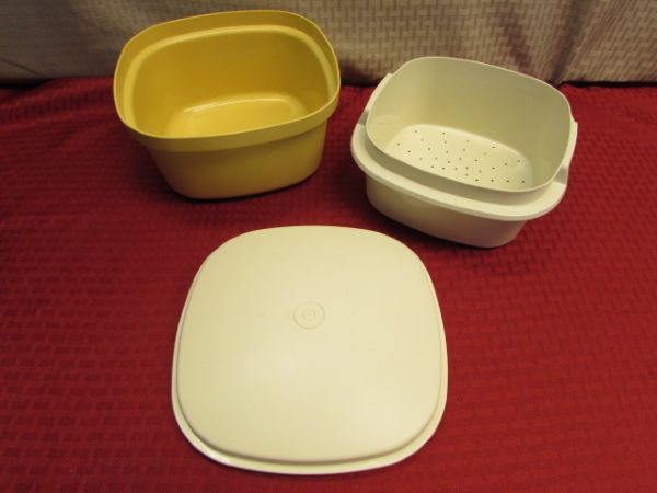 LARGE COVERED ENAMELWARE PAN, TUPPERWARE, CANNING FUNNELS, TONGS & MORE - SOME NEVER USED!!