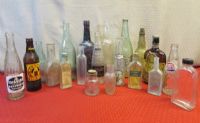 ANTIQUE/VINTAGE GLASS BOTTLES - LOTS OF LABLES INTACT - ACME BEER, WATKINS, MASONS ROOTBEER, NESBITTS, & MORE