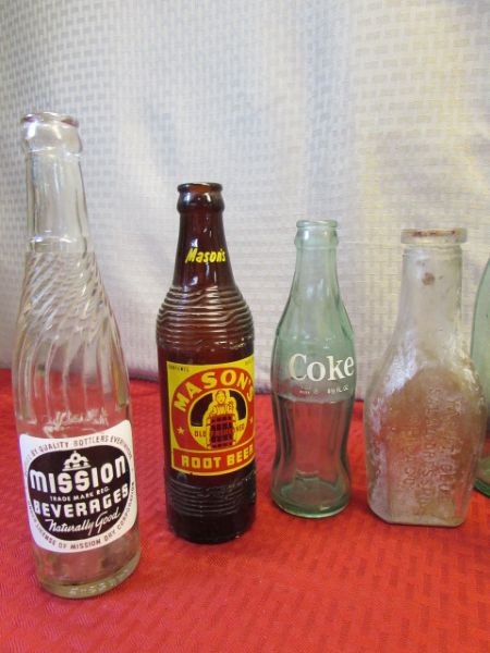 ANTIQUE/VINTAGE GLASS BOTTLES - LOTS OF LABLES INTACT - ACME BEER, WATKINS, MASON'S ROOTBEER, NESBITTS, & MORE