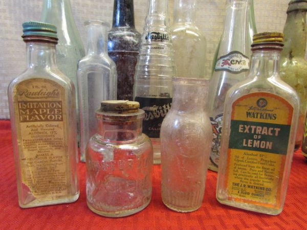 ANTIQUE/VINTAGE GLASS BOTTLES - LOTS OF LABLES INTACT - ACME BEER, WATKINS, MASON'S ROOTBEER, NESBITTS, & MORE