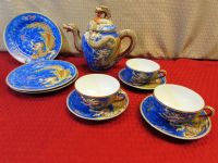 GORGEOUS THREE DIMENSIONAL DRAGON WARE TEA POT & 3 PLACE SETTINGS OF TEA CUPS, SAUCERS & SANDWICH PLATES 
