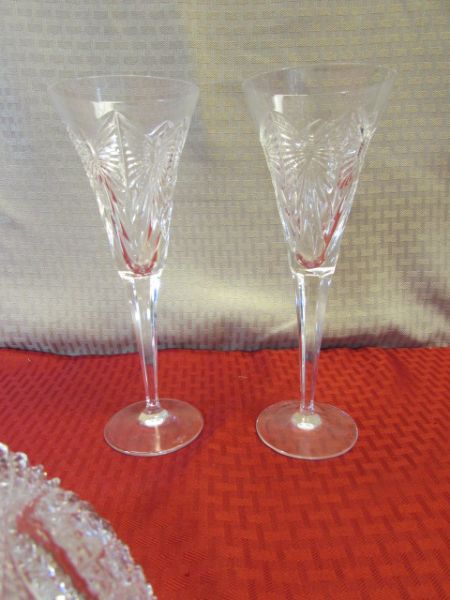 EXQUISITE LEAD CRYSTAL SALAD BOWL & TWO TALL CRYSTAL GOBLETS