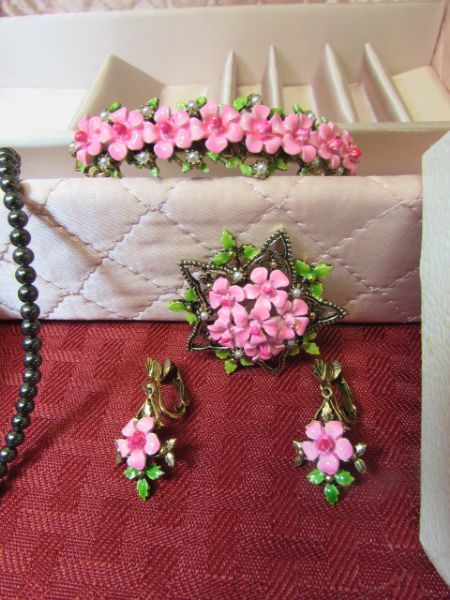 BE IN THE PINK WITH THIS LOVELY COSTUME JEWELRY - LUCITE BROOCH, ENAMEL BRACELET ENSEMBLE & MORE.