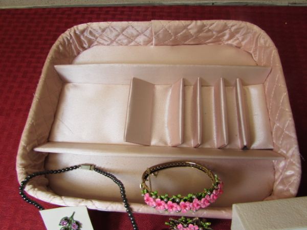 BE IN THE PINK WITH THIS LOVELY COSTUME JEWELRY - LUCITE BROOCH, ENAMEL BRACELET ENSEMBLE & MORE.