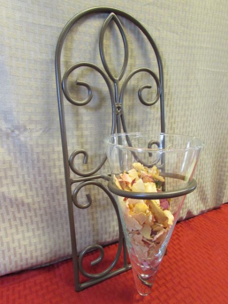 APRIL SHOWERS BROUGHT MAY FLOWERS - WROUGHT IRON WALL SCONCE, NIB FLOWER VASES, SHELF PAPER & . .  