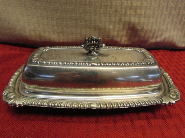 VINTAGE SILVER PLATE BUTTER DISH WITH GLASS INSERT, ONEIDA SILVERSMITHS SILENT BUTLER CRUMB CATCHER & PICKLE FORKS