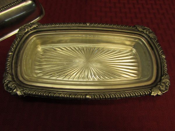 VINTAGE SILVER PLATE BUTTER DISH WITH GLASS INSERT, ONEIDA SILVERSMITHS SILENT BUTLER CRUMB CATCHER & PICKLE FORKS
