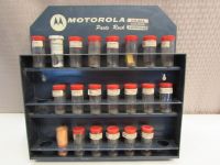 COOL METAL WALL RACK FOR THE SHOP - MOTOROLA PARTS RACK WITH CANISTERS & HARDWARE