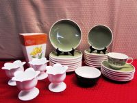 PRETTY CHARTREUSE MID CENTURY HARKERWARE BY RUSSEL WRIGHT DISHES, NIB PETAL CUPS & MORE