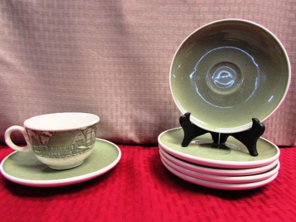 PRETTY CHARTREUSE MID CENTURY HARKERWARE BY RUSSEL WRIGHT DISHES, NIB PETAL CUPS & MORE