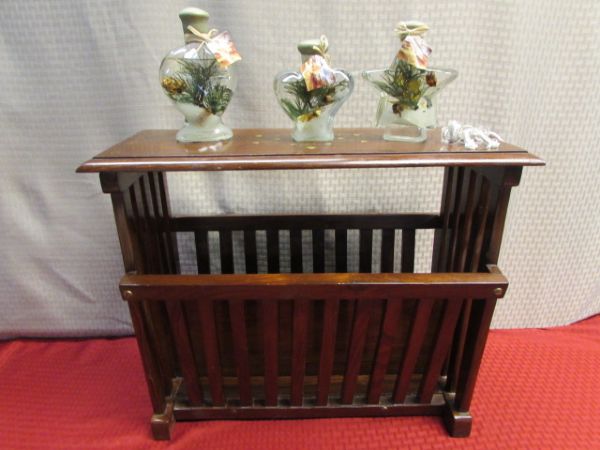 VERY NICE SIDE TABLE MAGAZINE RACK WITH INLAID TOP & 3 DECORATIVE OIL LAMPS