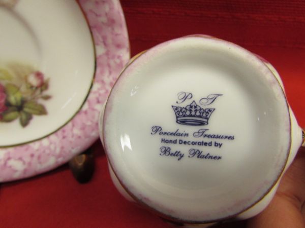 TEA & ROSES - TWO ANTIQUE PORCELAIN TEA CUPS WITH SAUCERS & UNIQUE SHAPED TEA POT