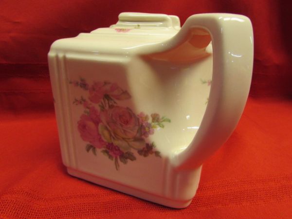 TEA & ROSES - TWO ANTIQUE PORCELAIN TEA CUPS WITH SAUCERS & UNIQUE SHAPED TEA POT