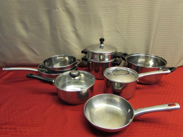 POTS 'N PANS - 18/10 STAINLESS STEEL FARBERWARE, 3 QT 3 PIECE STEAMER & MORE