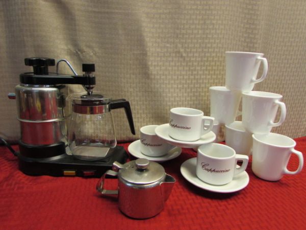 GOURMET COFFEE AT HOME!  NICE CAPPUCCINO MAKER W/CARAFE, CAPPACCINO & CORNING WARE MUGS