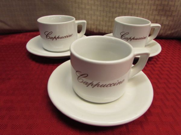 GOURMET COFFEE AT HOME!  NICE CAPPUCCINO MAKER W/CARAFE, CAPPACCINO & CORNING WARE MUGS