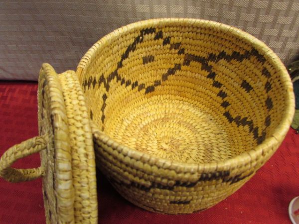 WOVEN SEWING BASKET WITH BUTTONS, THREAD, YARN, LACE EDGE & MORE