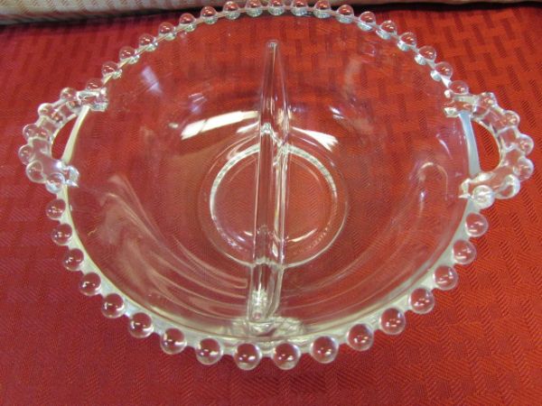 VINTAGE GLASS & CRYSTAL - SIGNED VAL ST. LAMBERT CRYSTAL DISH, IMPERIAL CANDLEWICK RELISH DISH, ETCHED CREAMER & SUGAR BOWL & . . . . .