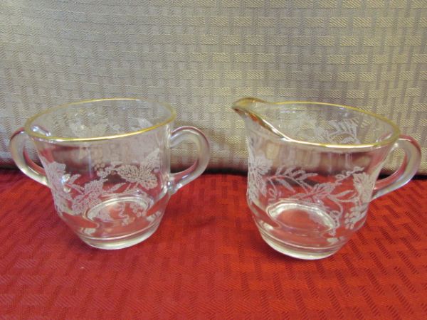 VINTAGE GLASS & CRYSTAL - SIGNED VAL ST. LAMBERT CRYSTAL DISH, IMPERIAL CANDLEWICK RELISH DISH, ETCHED CREAMER & SUGAR BOWL & . . . . .