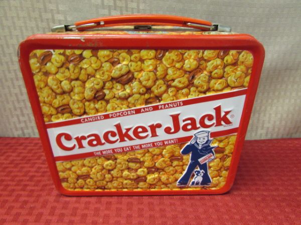 COLLECTIBLE VINTAGE CRAKER JACK LUNCH BOX WITH THERMOS