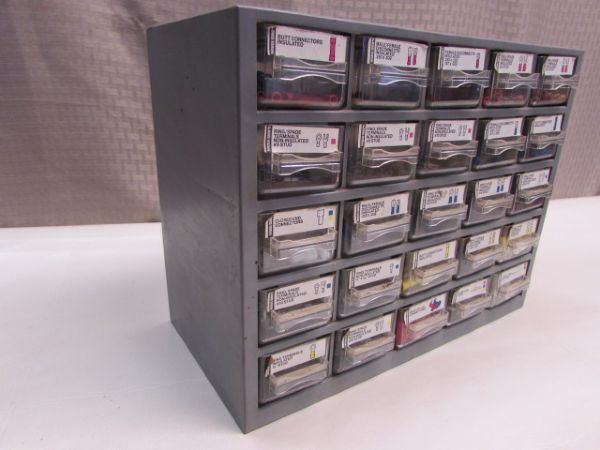 TWENTY FIVE DRAWER HARDWARE CABINET WITH LOADS OF ELECTRICAL CONNECTORS