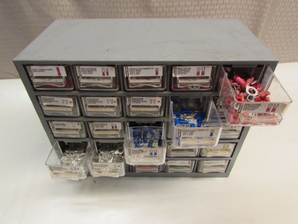 TWENTY FIVE DRAWER HARDWARE CABINET WITH LOADS OF ELECTRICAL CONNECTORS