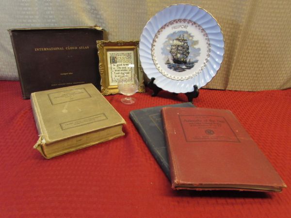 THREE VINTAGE US NAVY ISSUED BOOKS & INTERNATIONAL CLOUD ATLAS, COLLECTIBLE FREEPORT PLATE, ETCHED GLASS & MORE