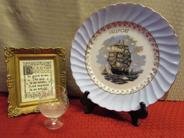 THREE VINTAGE US NAVY ISSUED BOOKS & INTERNATIONAL CLOUD ATLAS, COLLECTIBLE FREEPORT PLATE, ETCHED GLASS & MORE