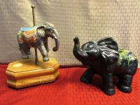 GENTLE GIANTS -  COLLECTIBLE WESTLAND CAROUSEL ELEPHANT MUSIC BOX & VINTAGE EVANGELINE GLAZED POTTERY FIGURINE