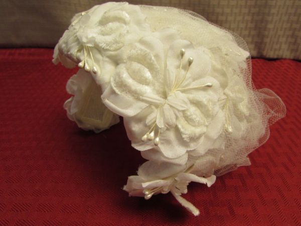 A PAIR OF FANCY VINTAGE FLORAL HEADBAND HATS WITH VEILS