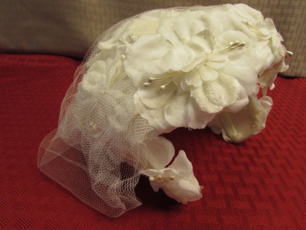 A PAIR OF FANCY VINTAGE FLORAL HEADBAND HATS WITH VEILS