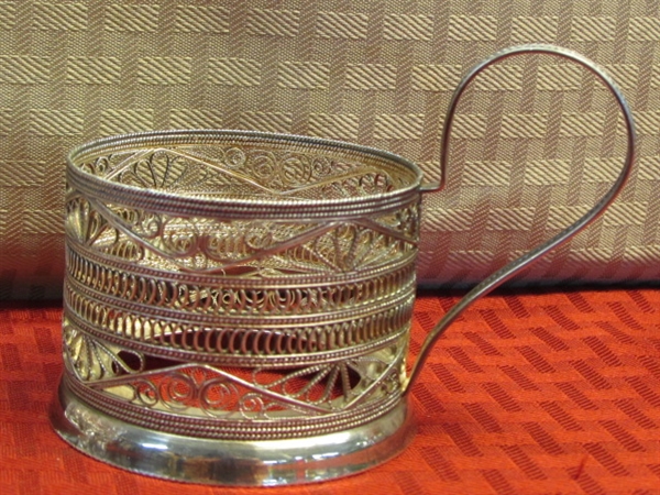 RUSSIAN TEACUP HOLDERS  INCLUDES SILVERPLATE W/CRYSTAL & OTHERS, PLUS SILVER PLATE COASTERS & MORE