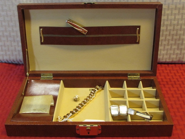 CLASSY GENTLEMAN - 2 VINTAGE MOTHER OF PEARL CUFF LINK & TIE CLIP SETS, NEW JEWELRY VALET, WOOD PEN SET & MORE
