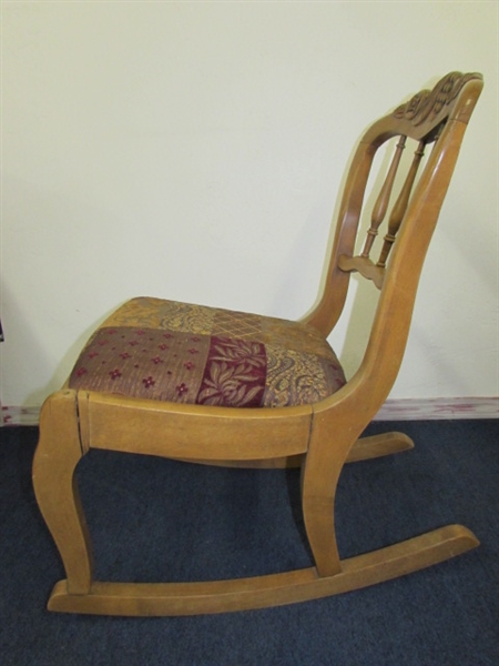 ANTIQUE CARVED MAPLE ROCKING CHAIR WITH UPHOLSTERED SEAT 