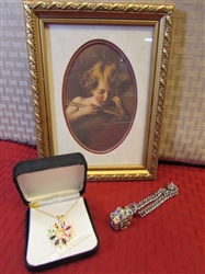 BEAUTIFUL NEW IN BOX CRYSTAL HEART NECKLACE, TREASURE CHEST CHARM BRACELET & PRETTY FRAMED ART