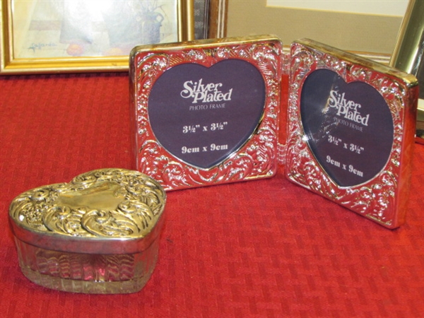 NIB VICTORIAN BOUQUETS SILVER PLATE PHOTO FRAME & KEEPSAKE BOX, FROSTED GLASS FRAME & MORE