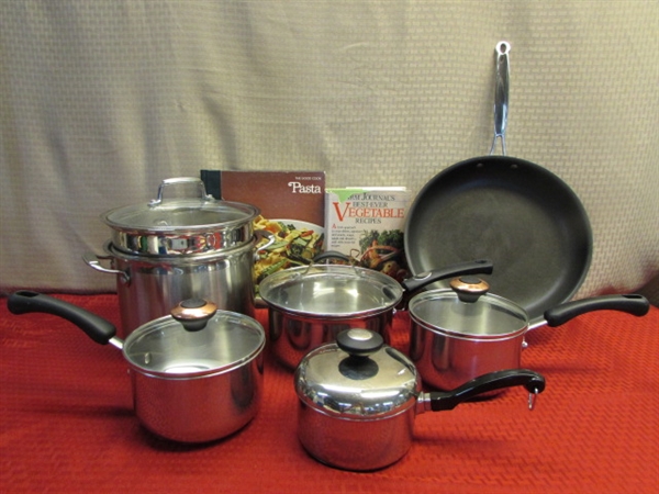 HIGH QUALITY POTS & PANS - CUISINART, TRAMONTINA PASTA POT, PAULA DEEN & FARBERWARE PLUS COOK BOOKS!