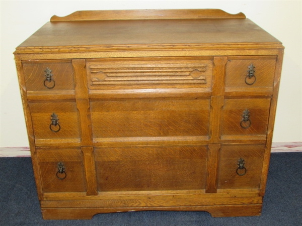 LOVELY ANTIQUE OAK DRESSER WITH WALNUT ACCENTS & PRETTY CARVED ACCENTS 