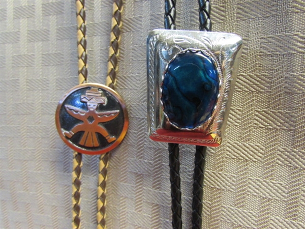 VINTAGE WESTERN - BOLO TIES W/PETRIFIED WOOD, AUTHENTIC BEADS & MORE, LEATHER VEST, COW HIDE WALLET, & MORE