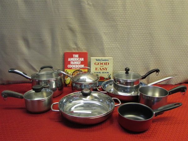 GET COOKIN'!  POTS & PANS, STAINLESS STEEL, COPPER CLAD, FRENCH MADE, FARBERWARE, REVERWARE & MORE