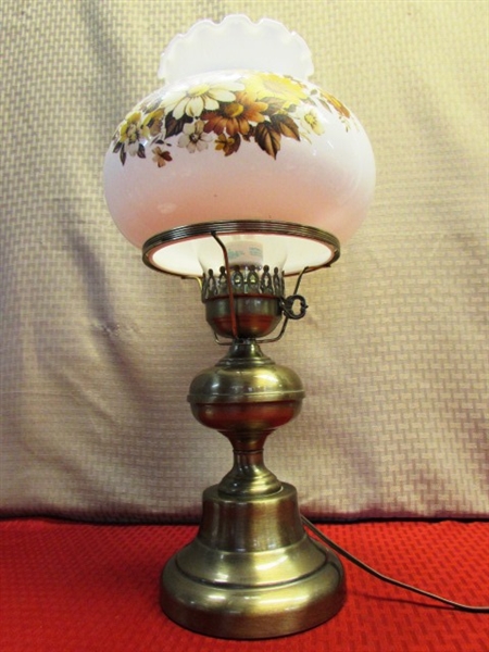 PRETTY HURRICANE STYLE LAMP WITH RUFFLE TOP FLORAL GLOBE & CERAMIC KEEPSAKE BOX