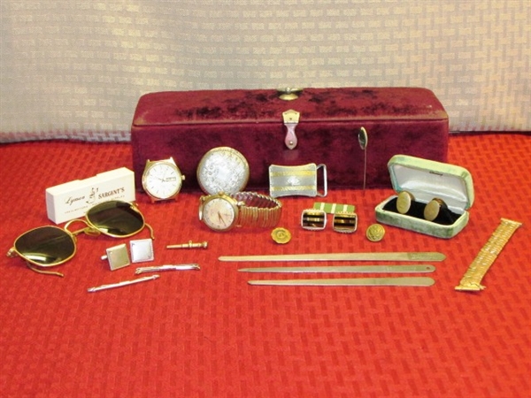 VINTAGE TREASURE CHEST, GOLD FILLED WATCHES, BELT BUCKLE, MOTHER OF PEARL TIE PIN ,CUFF LINKS, SWANK 50 COLLAR BAR & MORE