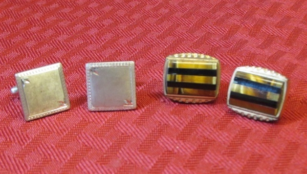 VINTAGE TREASURE CHEST, GOLD FILLED WATCHES, BELT BUCKLE, MOTHER OF PEARL TIE PIN ,CUFF LINKS, SWANK 50 COLLAR BAR & MORE
