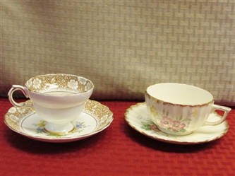 TEA FOR TWO!  VINTAGE ROSINA TEA CUP & SAUCER  & 22 CARAT GOLDEN WARE TEA CUP & SAUCER