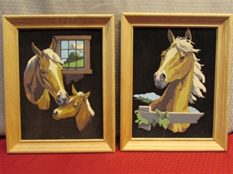 HORSES FOR YOUR WALL - TWO NICELY FRAMED VELVET PAINTINGS OF HORSES