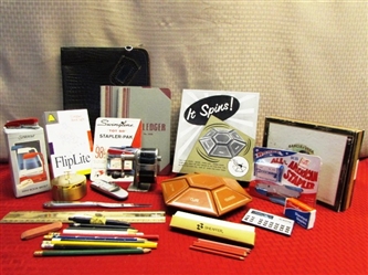 OFFICE SUPPLIES!  VINTAGE CHICAGO AUTOMATIC SHARPENER CO. PENCIL SHARPENER,  LEATHER FOLDER, LAZY SUSAN CADDY & MORE